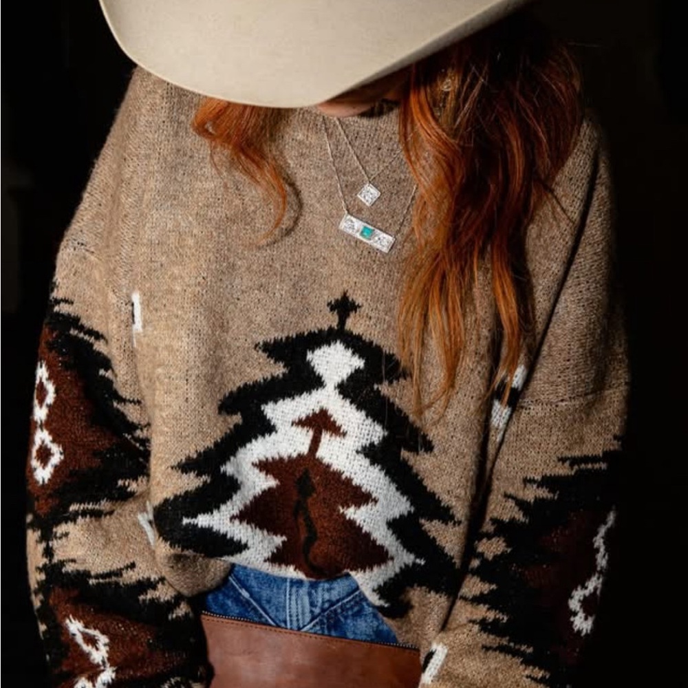 New Western Yellowstone Tribal Aztec Printed Pullover Crew Neck Sweater